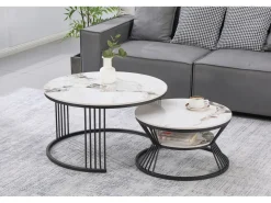 Lot de 2 tables basses gigognes en céramique "Ombre" - 80 x 80 x 45 cm - Blanc