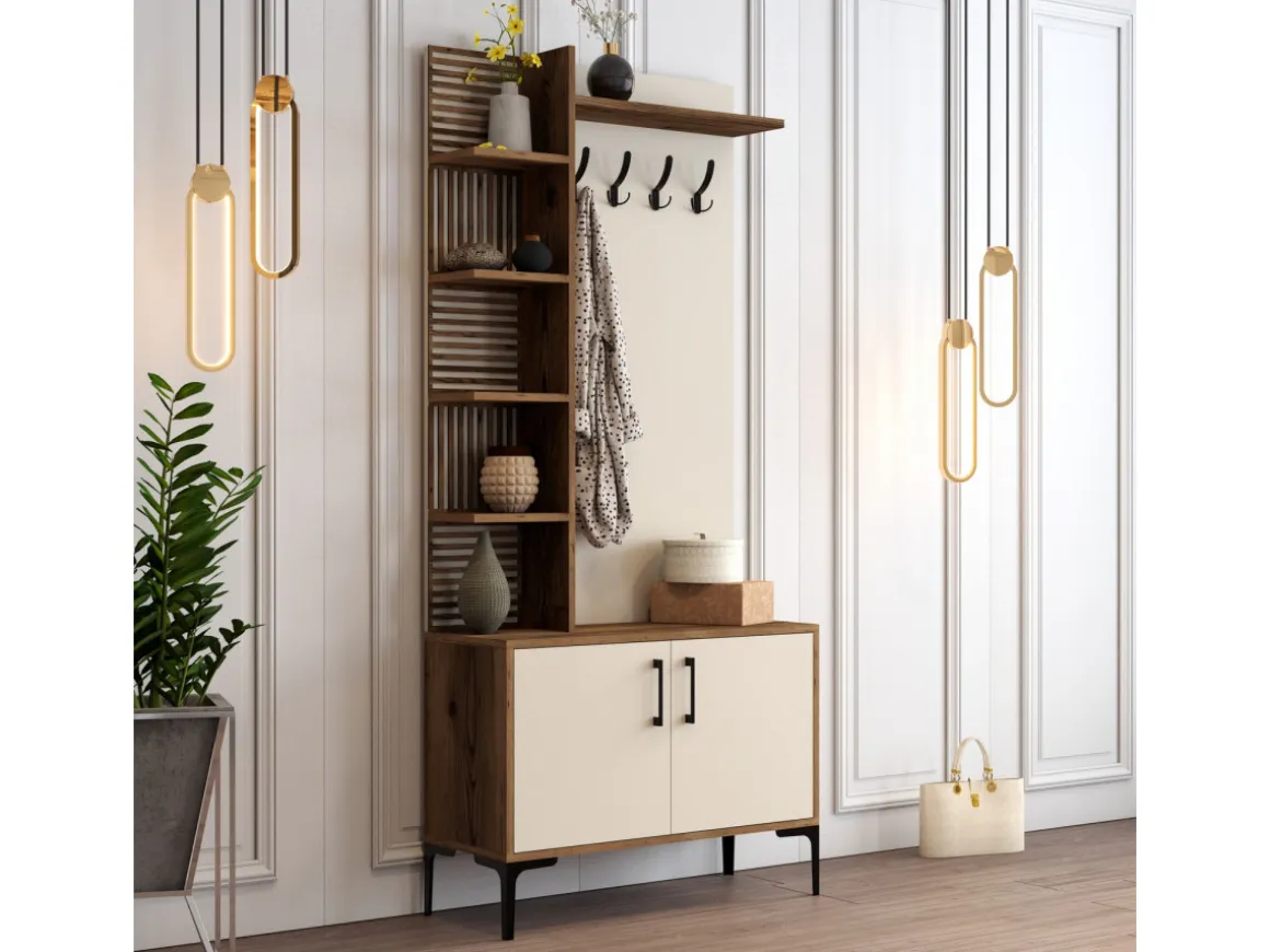 Meuble d'Entrée en bois "Viyana D" - 35 x 90 x 200 cm - Noyer, Crème