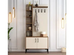 Meuble d'Entrée en bois "Viyana D" - 35 x 90 x 200 cm - Noyer, Crème