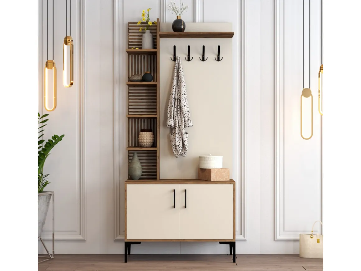 Meuble d'Entrée en bois "Viyana D" - 35 x 90 x 200 cm - Noyer, Crème