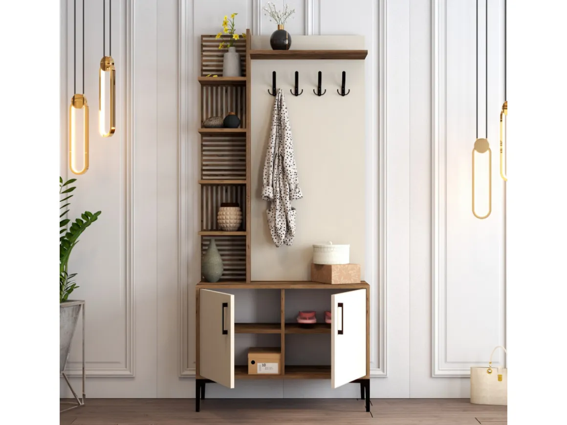 Meuble d'Entrée en bois "Viyana D" - 35 x 90 x 200 cm - Noyer, Crème