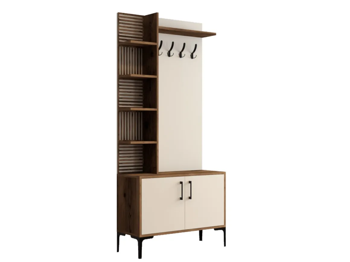 Meuble d'Entrée en bois "Viyana D" - 35 x 90 x 200 cm - Noyer, Crème