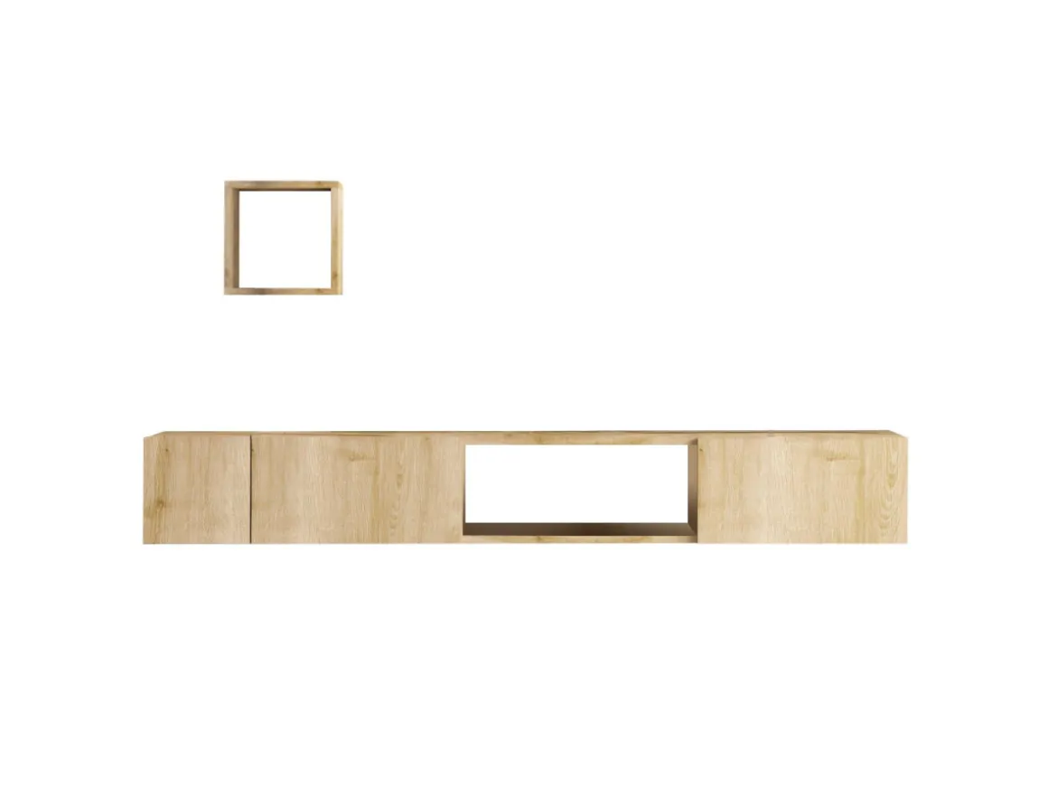 Meuble TV avec étagère murale en bois "Avior" - 180 x 32 x 25 cm - Beige