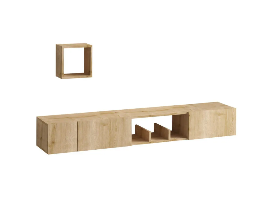 Meuble TV avec étagère murale en bois "Avior" - 180 x 32 x 25 cm - Beige