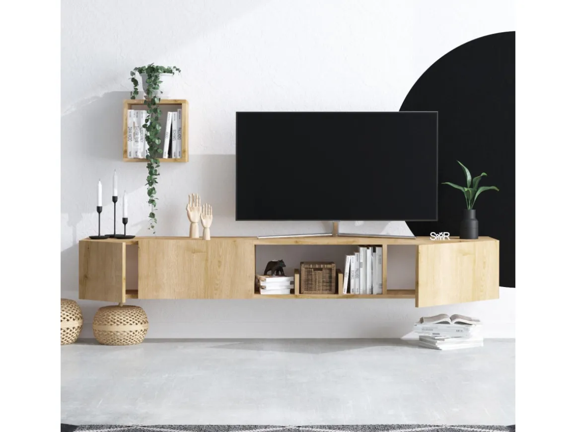 Meuble TV avec étagère murale en bois "Avior" - 180 x 32 x 25 cm - Beige