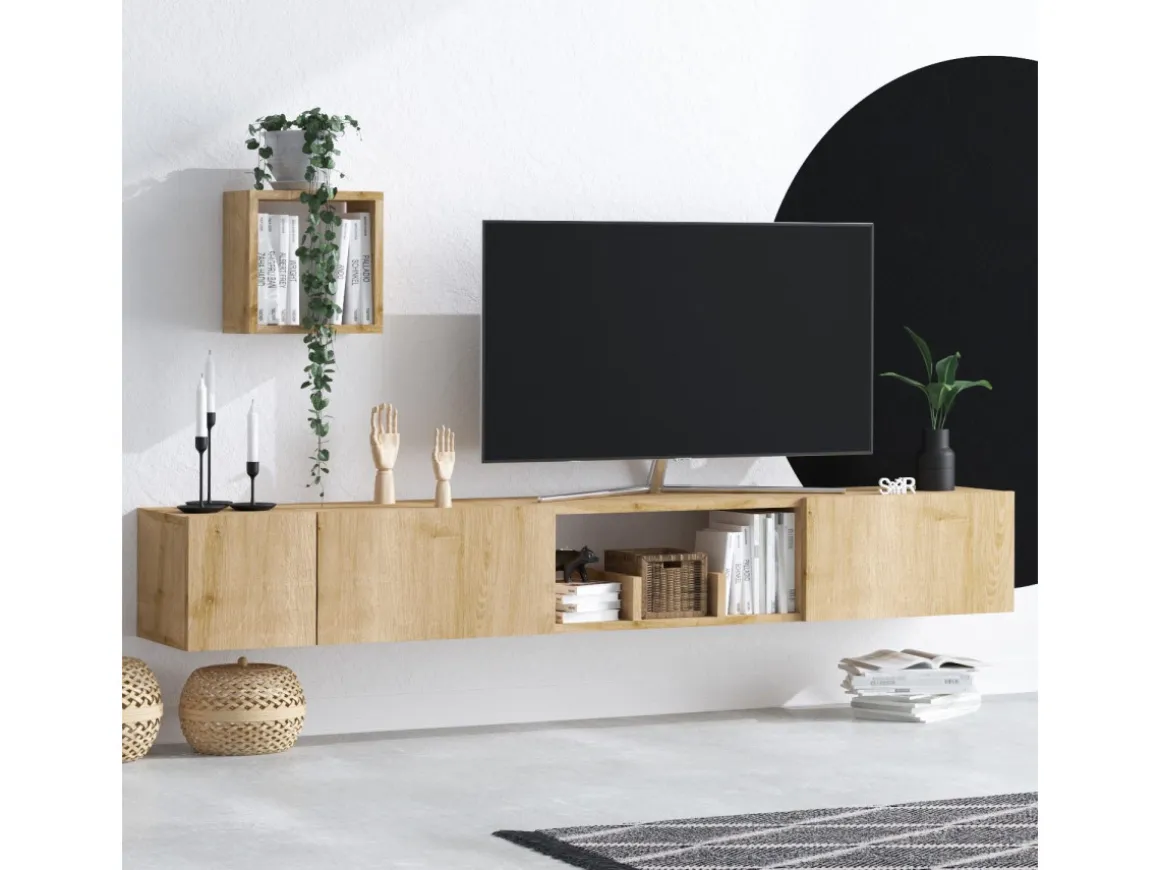 Meuble TV avec étagère murale en bois "Avior" - 180 x 32 x 25 cm - Beige