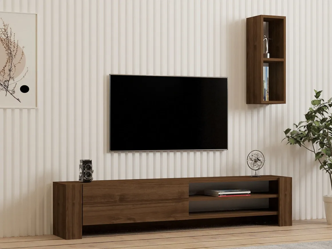 Meuble TV avec étagère murale en bois "Naz" - 160 x 26 x 33 cm - Marron