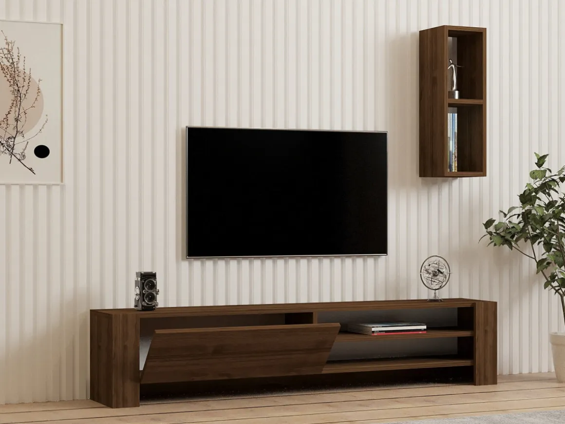 Meuble TV avec étagère murale en bois "Naz" - 160 x 26 x 33 cm - Marron
