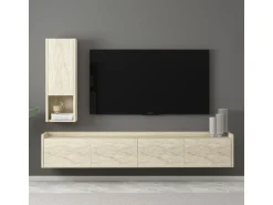 Meuble TV avec étagère murale en bois "Sema" - 160 x 30 x 35 cm - Travertin