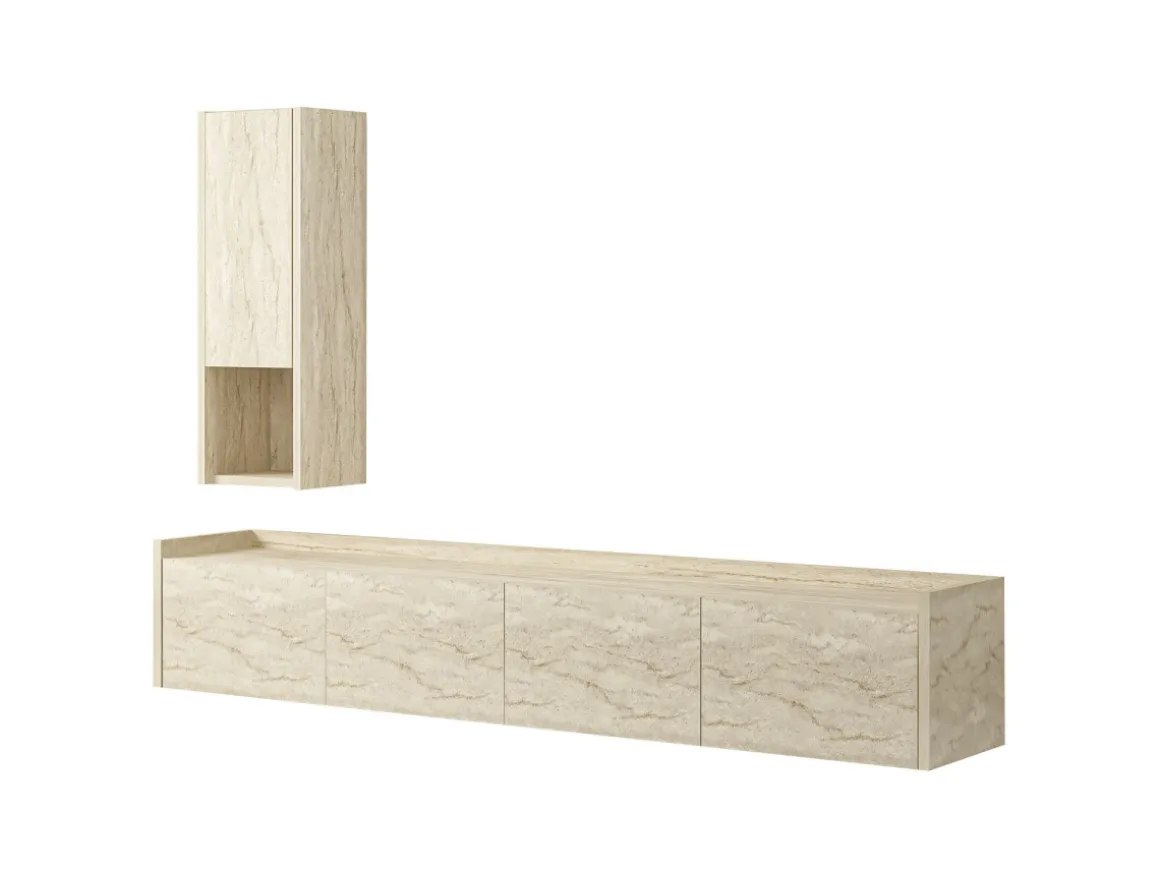 Meuble TV avec étagère murale en bois "Sema" - 160 x 30 x 35 cm - Travertin