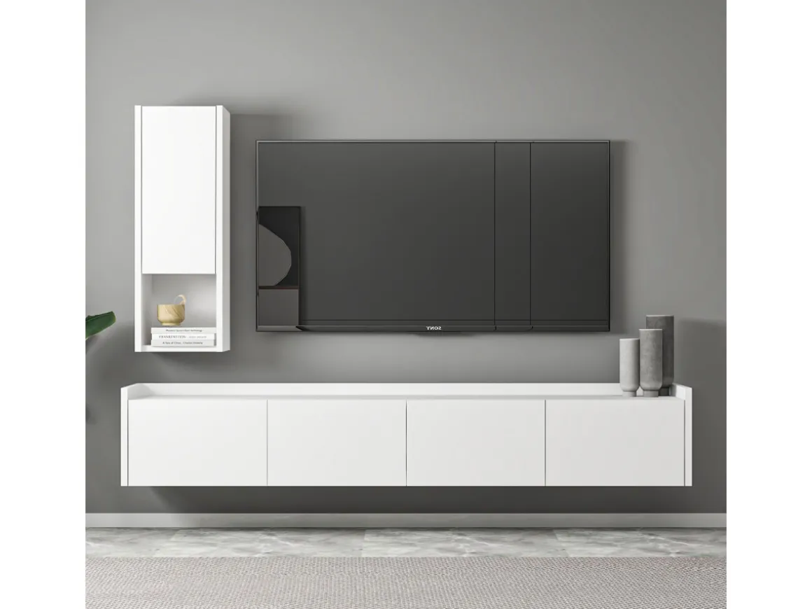 Meuble TV avec étagère murale en bois "Sema" - 160 x 30 x 35 cm - Blanc