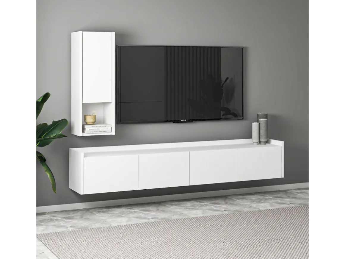 Meuble TV avec étagère murale en bois "Sema" - 160 x 30 x 35 cm - Blanc