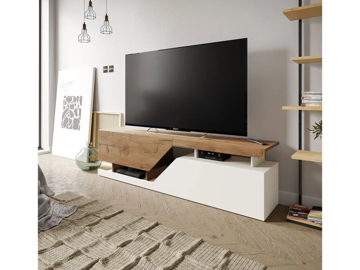 Meuble TV "Ceelias" - 160 x 46 x 35 cm - Blanc/Marron Foncé