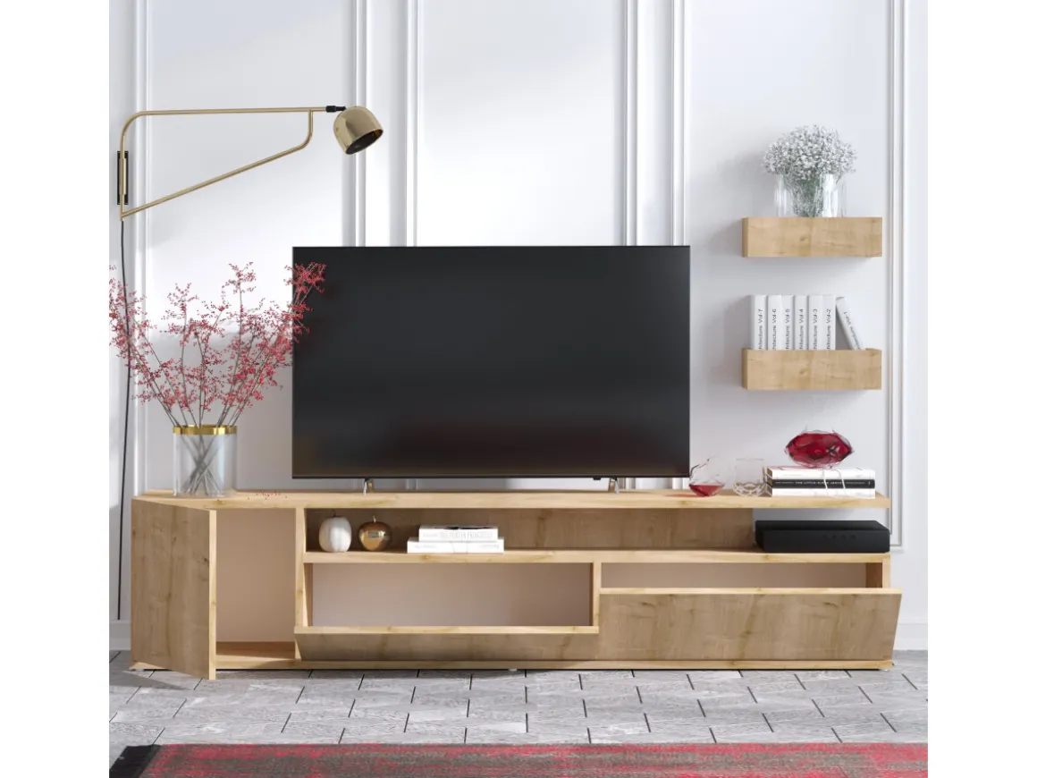 Meuble TV en bois "Alika" - 180 x 35 x 45 cm - Chêne