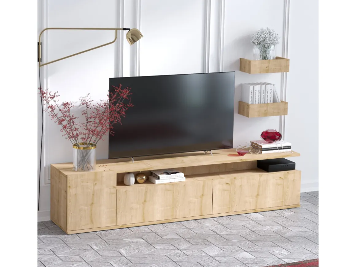Meuble TV en bois "Alika" - 180 x 35 x 45 cm - Chêne
