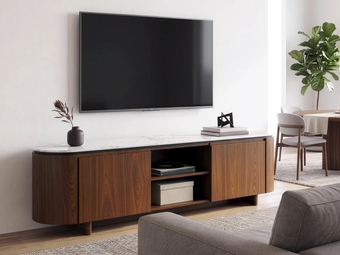 Meuble TV en bois avec plateau en céramique "Stonea" - 200 x 40 x 55 cm - Marron