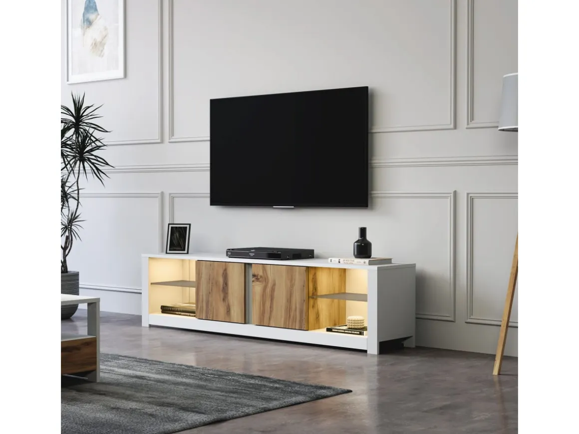 Meuble TV en bois "Aydos" 180 x 35 x 45 cm - Blanc