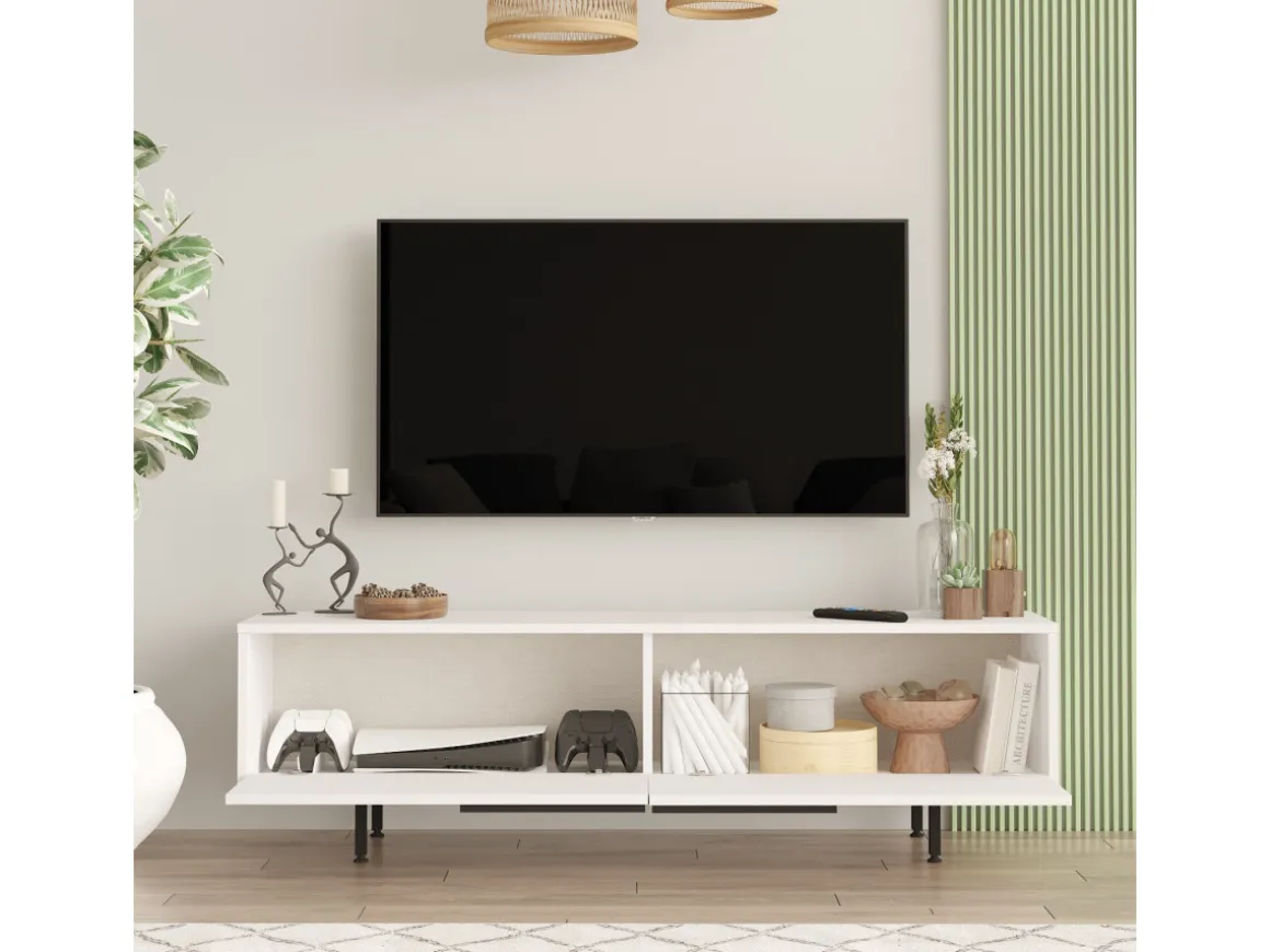 Meuble TV en bois "Calvin" - 160 x 35 x 45 cm - Blanc