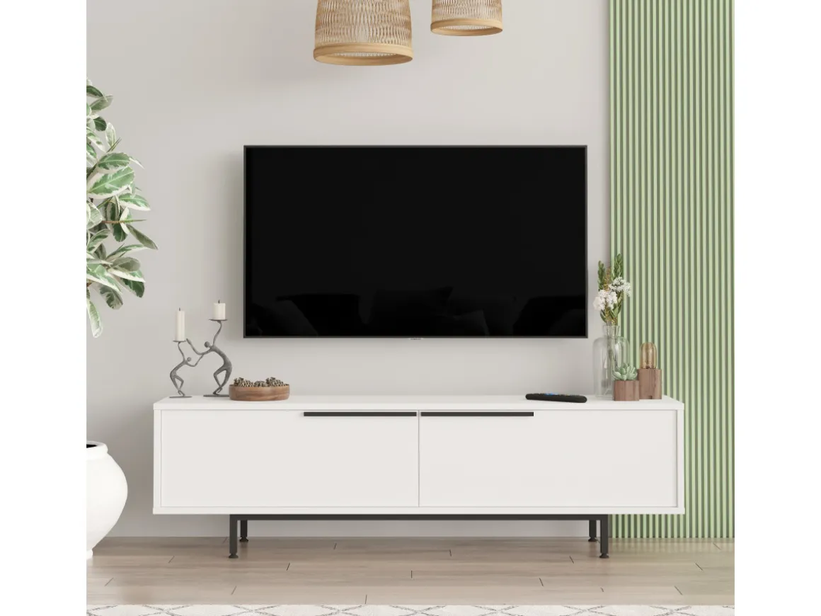Meuble TV en bois "Calvin" - 160 x 35 x 45 cm - Blanc