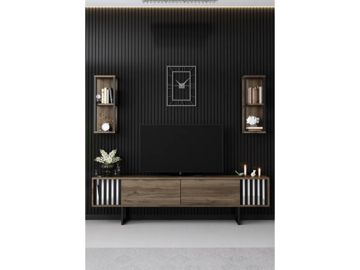 Meuble TV en bois "Chrome Line" - 180 x 30 x 48 cm - NoyerNoir