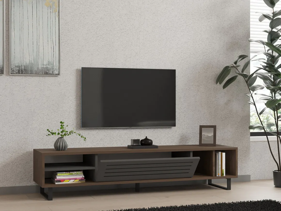 Meuble TV en bois "Eray" - 160 x 40 x 35 cm - Noyer, Anthracite