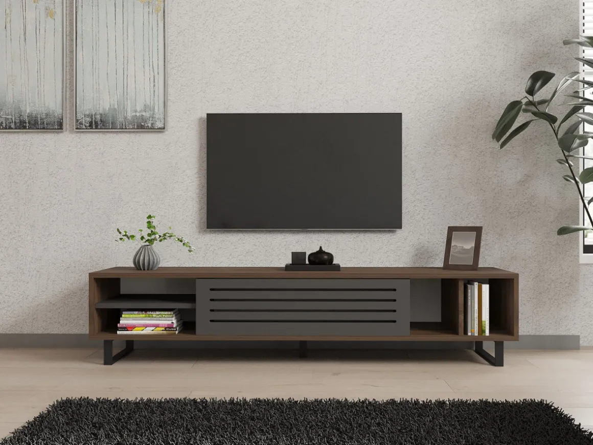 Meuble TV en bois "Eray" - 160 x 40 x 35 cm - Noyer, Anthracite