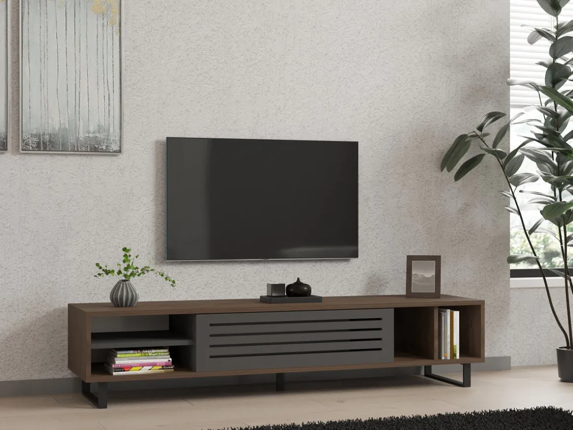 Meuble TV en bois "Eray" - 160 x 40 x 35 cm - Noyer, Anthracite