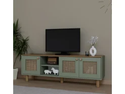 Meuble TV en bois et cannage "Bohemian" - 160 x 40 x 56 cm - Vert
