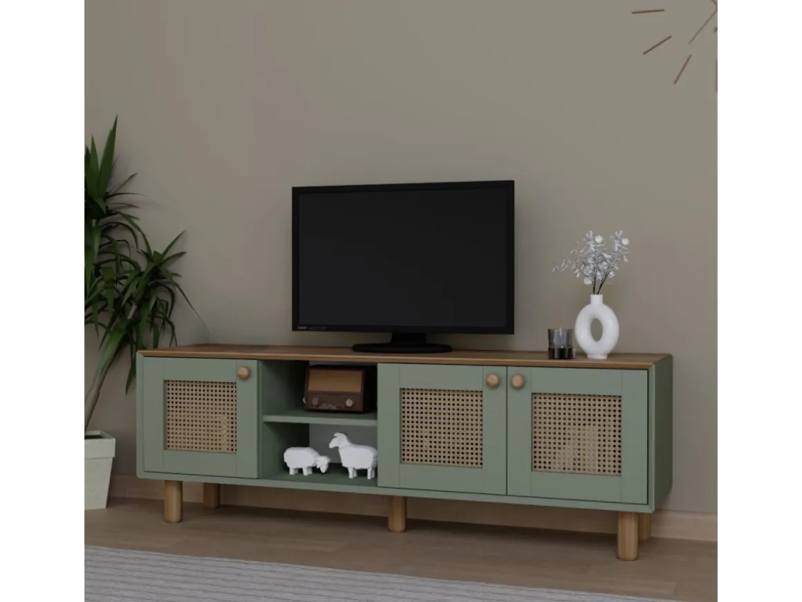 Meuble TV en bois et cannage "Bohemian" - 160 x 40 x 56 cm - Vert