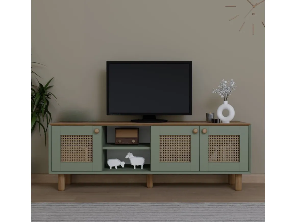 Meuble TV en bois et cannage "Bohemian" - 160 x 40 x 56 cm - Vert