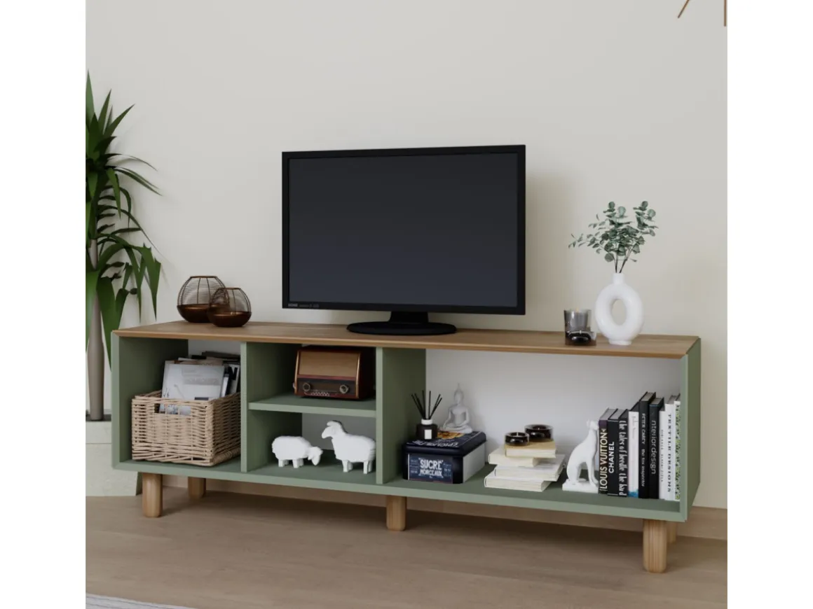 Meuble TV en bois et cannage "Bohemian" - 160 x 40 x 56 cm - Vert