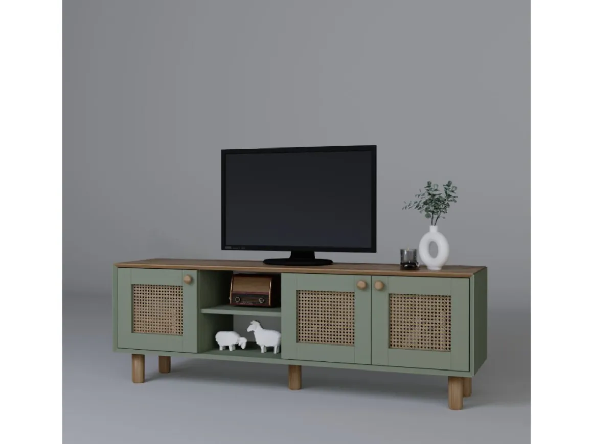 Meuble TV en bois et cannage "Bohemian" - 160 x 40 x 56 cm - Vert