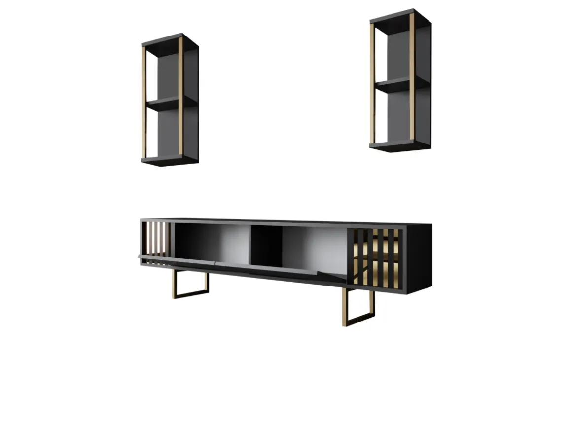 Meuble TV en bois "Gold Line" - 180 x 30 x 48 cm - AnthraciteNoir