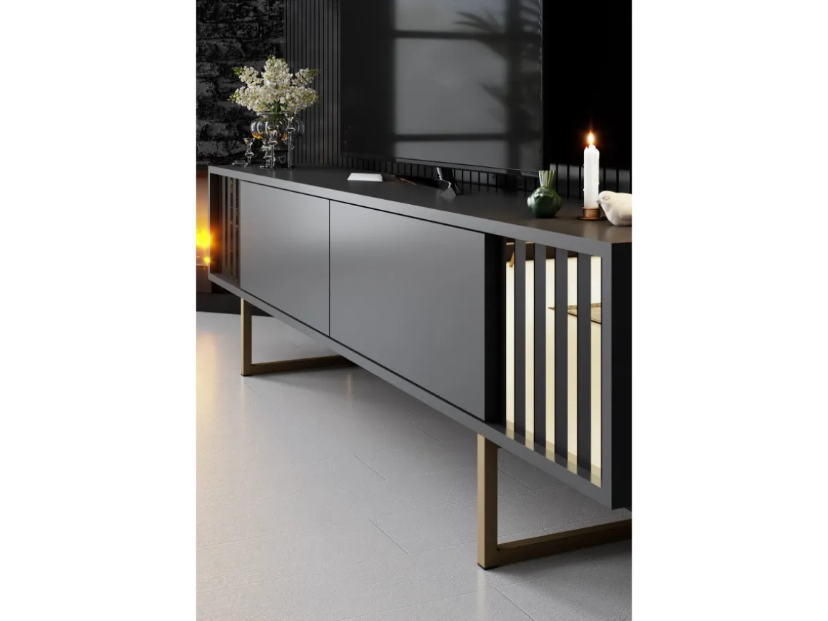 Meuble TV en bois "Gold Line" - 180 x 30 x 48 cm - AnthraciteNoir