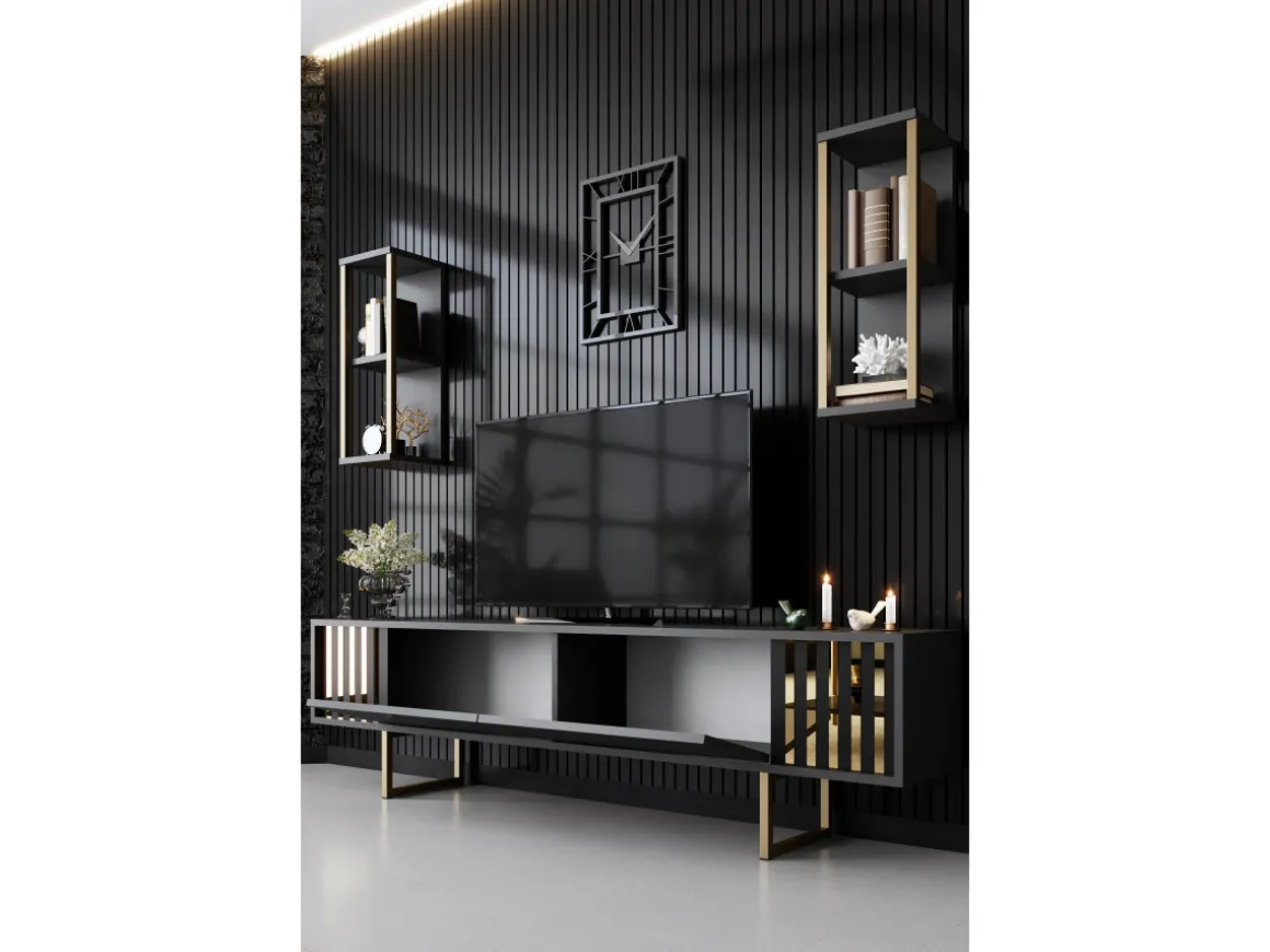 Meuble TV en bois "Gold Line" - 180 x 30 x 48 cm - AnthraciteNoir