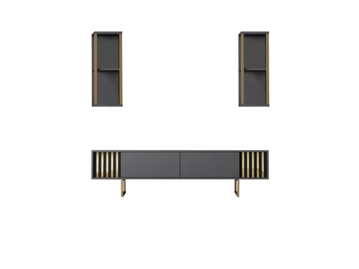 Meuble TV en bois "Gold Line" - 180 x 30 x 48 cm - AnthraciteNoir