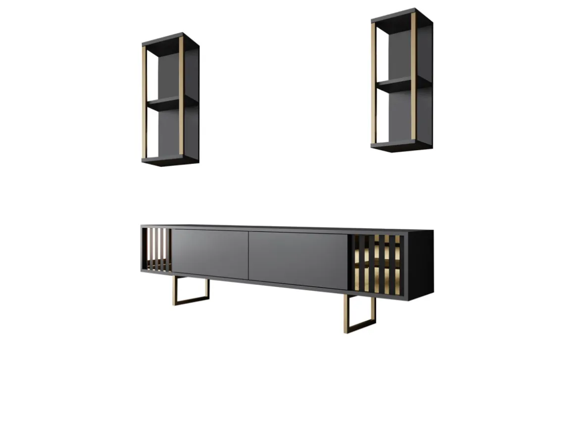 Meuble TV en bois "Gold Line" - 180 x 30 x 48 cm - AnthraciteNoir