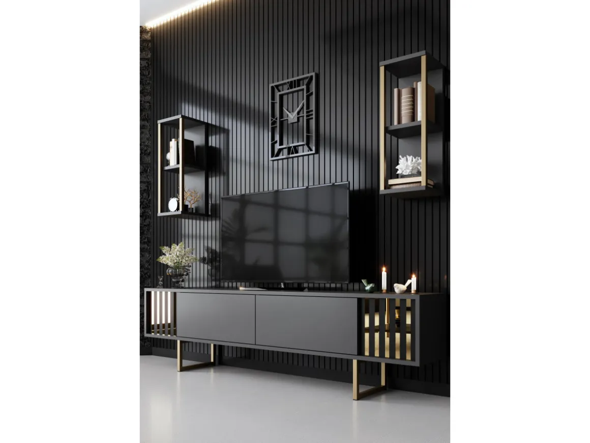 Meuble TV en bois "Gold Line" - 180 x 30 x 48 cm - AnthraciteNoir