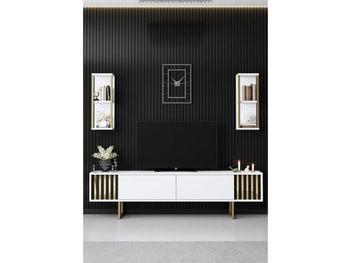 Meuble TV en bois "Gold Line" - 180 x 30 x 48 cm - BlancNoir