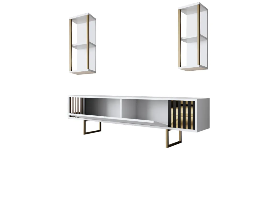 Meuble TV en bois "Gold Line" - 180 x 30 x 48 cm - BlancNoir