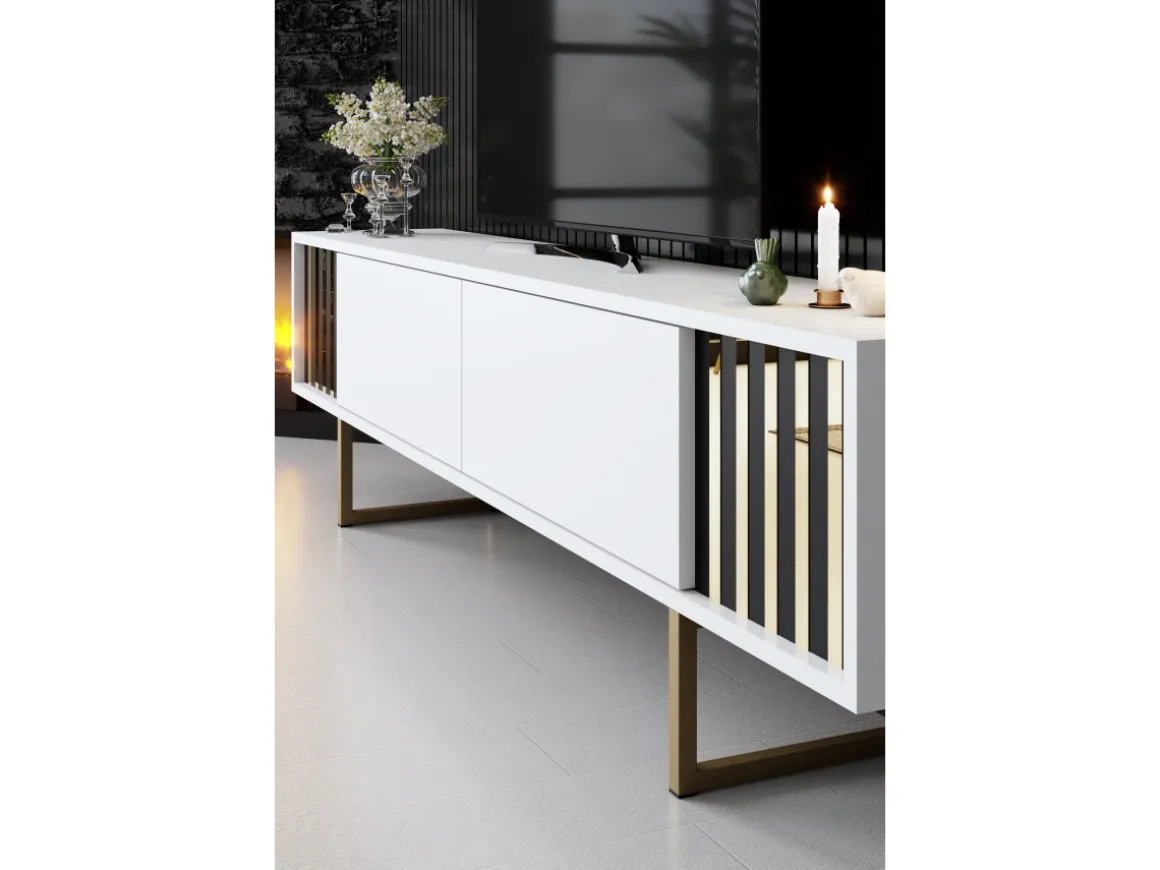 Meuble TV en bois "Gold Line" - 180 x 30 x 48 cm - BlancNoir