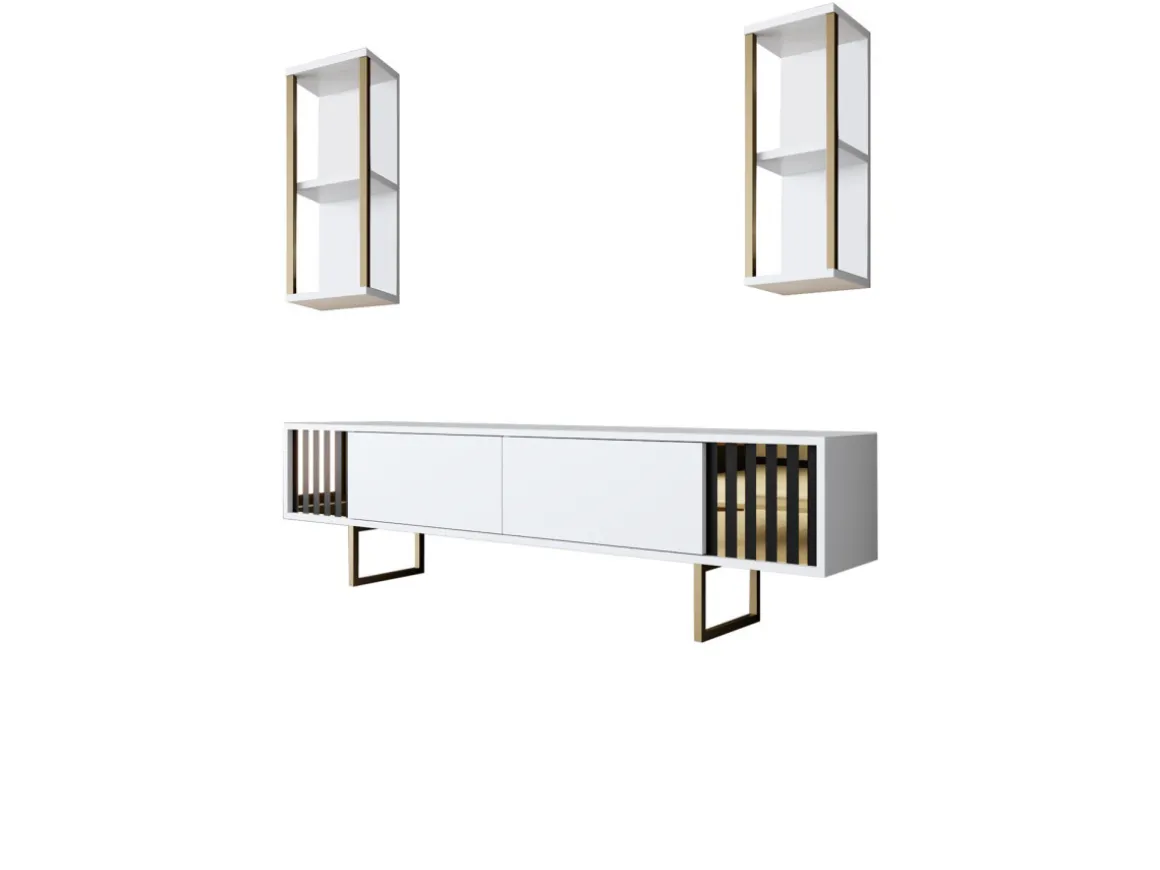 Meuble TV en bois "Gold Line" - 180 x 30 x 48 cm - BlancNoir