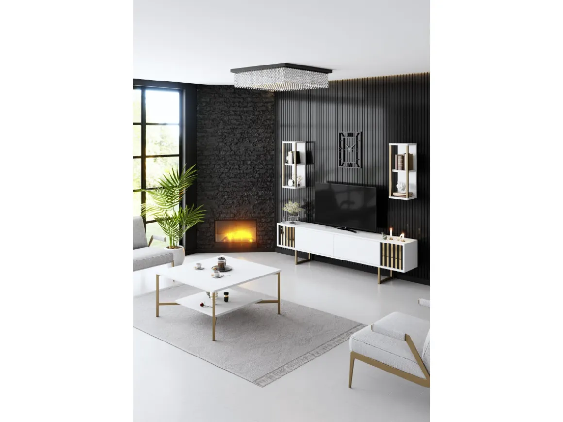 Meuble TV en bois "Gold Line" - 180 x 30 x 48 cm - BlancNoir