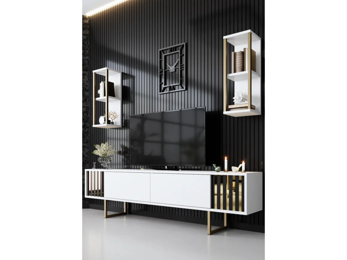 Meuble TV en bois "Gold Line" - 180 x 30 x 48 cm - BlancNoir