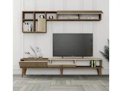 Meuble TV en bois "Milan" - 180 x 35 x 40 cm - Noyer, Travertin