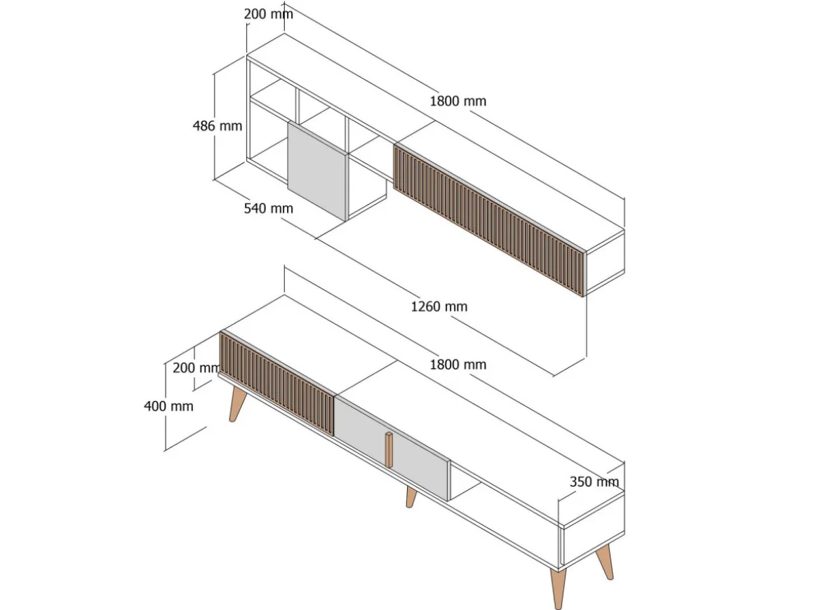 Meuble TV en bois "Milan" - 180 x 35 x 40 cm - Noyer, Anthracite