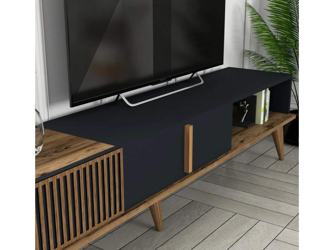 Meuble TV en bois "Milan" - 180 x 35 x 40 cm - Noyer, Anthracite