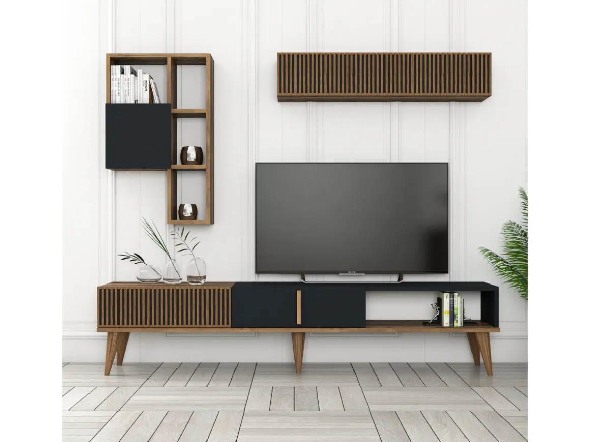 Meuble TV en bois "Milan" - 180 x 35 x 40 cm - Noyer, Anthracite