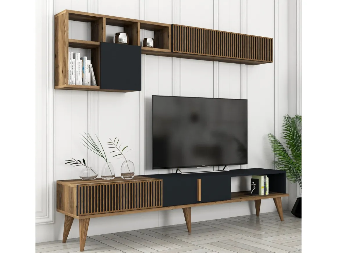 Meuble TV en bois "Milan" - 180 x 35 x 40 cm - Noyer, Anthracite