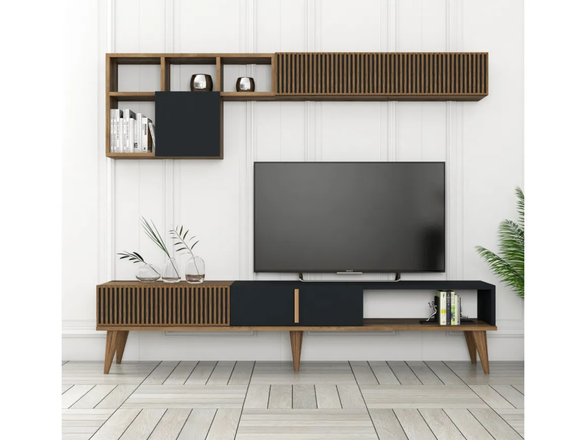 Meuble TV en bois "Milan" - 180 x 35 x 40 cm - Noyer, Anthracite